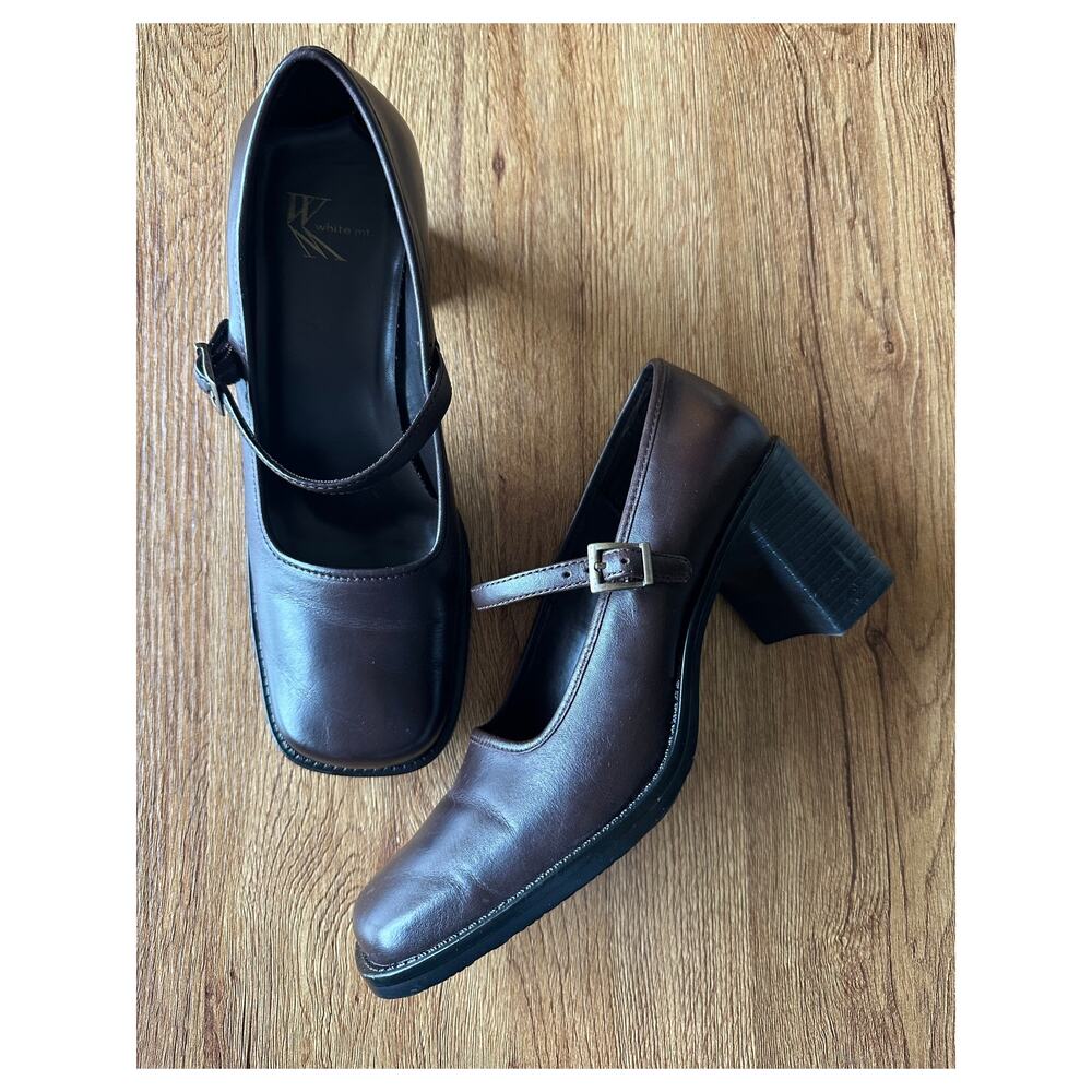White Mountain Vintage Brown Leather Chunky Mary Jane Heels Size 7.5